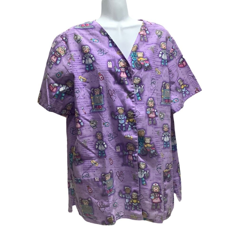 Womans SIMPLY BASIC Scrub ROBOTS Short Sleeve Snap‎ Buttons Purple Pink